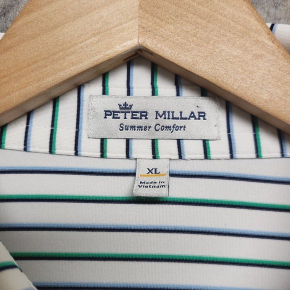 Peter Millar Polo Shirt Men XL Green Blue Striped Summer Comfort Heathrow Golf - Picture 7 of 9